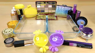 Yellow vs Purple makeup into clear slime! ASMR slime slimes!