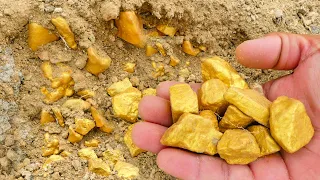 Gold Rush! Digging for a million $$ of gold treasure under stone at mountain, mining exciting.