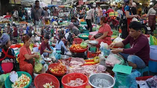 Early Morning Vegetable Market Scene - Plenty Fresh Vegetable, River Fish, Pork, Beef & More Food