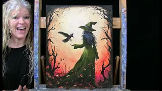 HALLOWEEN! Learn How to Draw & Paint with Acrylics CROW WITH A WITCH-Easy Lesson-Paint & Sip at Home