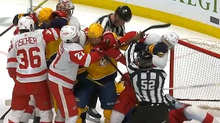 Scrum Ensues After Puck Goes Out Of Play And Kiefer Sherwood Still Banks In A Shot