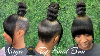 How to do a top knot bun with Quickweave bangs