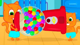 Cats Family in English - Huge Gumball Machine Cartoon for Kids