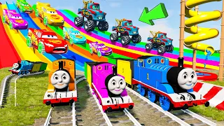 Big & Small Long Lightning Mcqueen vs Thomas Train - Long Cars vs Slide Color - BeamNG.Drive