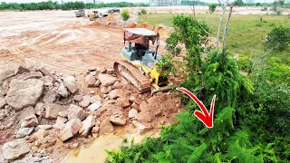 Good Showing Activities Skills Land Reclamation By Komatsu Dozer Pushing Stone With Assistant Trucks