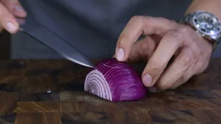 Kiryu Satoshi SG2 240mm Migaki Gyuto vs Red Onion Brunoise
