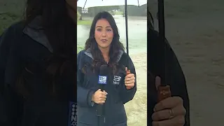 Reporter takes a tumble during wet weather