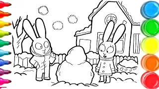 dessin et coloriage de Simon le lapin neige de noël/ draw and color for kids #TT123