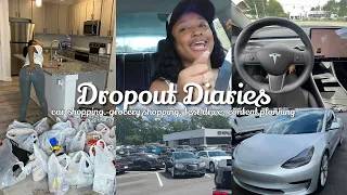 dropout vlog: I got a new tesla?! new CAR SHOPPING + grocery  shopping + planning content