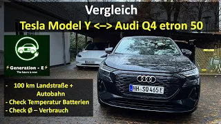 Vergleich Tesla Model Y vs. Audi Q4 etron 50 - 100km Autobahn Verbrauch bei kalter Batterie