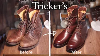 Subtitled | SHOE SHINING Tricker's | Boots restoration | Repair techniques