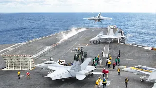 Hypnotic F-18s Taking Off One by One at Full Afterburner on US Aircraft Carrier