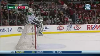 Kari Lehtonen sits on his net in 3rd. Dallas Stars vs Calgary Flames 11/14/13 NHL Hockey.