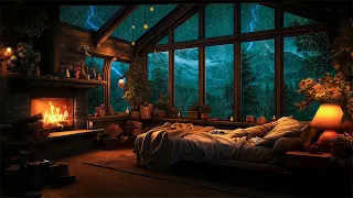 Thunderstorm with Lightnings on Mountain | Rain, Crackling Fireplace & Sleeping Cats in a Cozy Cabin