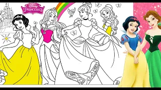 Disney Princesses Group Coloring Page SNOW WHITE Aurora CINDERELLA Belle All Together in Markers
