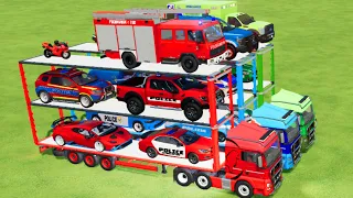 TRANSPORTING CARS, AMBULANCE, FIRE TRUCK, POLICE CARS OF COLORS! WITH TRUCKS! - FARMING SIMULATOR 22