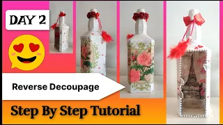 How to reverse decoupage on glass bottle with 'Window', step by step tutorial, unique bottle art