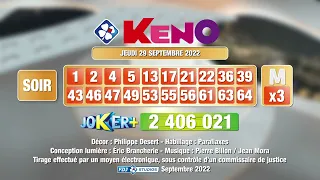 Tirage du soir Keno® du 29 septembre 2022 - Résultat officiel - FDJ