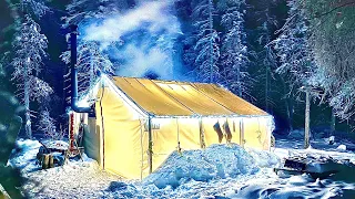 WINTER CAMPING in a GLOWING HOT TENT HUT