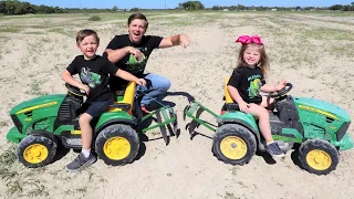 Using kids tractors to plow up field | Tractors for kids working on the farm