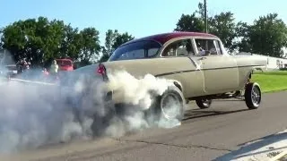 Awesome Burnout - Supercharged 1956 Chevy Gasser Wright City MO Rod Run