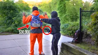 Carrying $10,000 In A Clear Backpack PRANK!!! IN THE HOOD