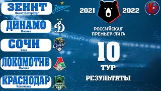 Футбол. РПЛ. 10 Тур Чемпионат России. Сезон 2021/2022  Результаты. Расписание. Таблица