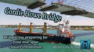 Gordie Howe Bridge - Bridge crew preparing for mid-span closure install. Close-up views of progress