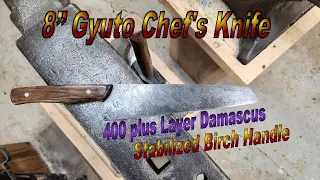 Forging an 8" Gyuto Chef's Knife in 400 plus layer Damascus with stabilzed Birch handle