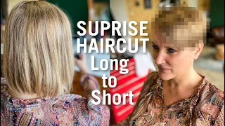 SURPRISE BOB TO SHORT PIXIE MAKE OVER! She doesn't know what's happening, it's incredible!