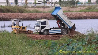 The Best Driver Skill Operator Dozer KOMATSU D21 Pushing Slope into the water And Truck Dumping Dirt