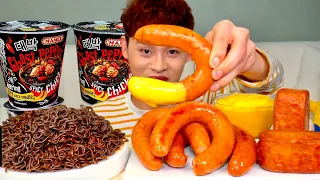 ASMR 매운 고스트페퍼라면과 뽀득 킬바사 통스팸 치즈소스 찍먹방~!! Ghost pepper Noodles With Sausage Spam Cheese sauce MuKBang!