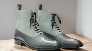 Handmade Ankle High Grey Boots, Two Tone Grey Suede & Leather Boots, Men Lace up Leather Boots