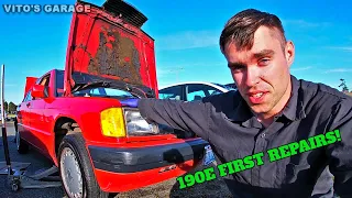 Mercedes 190E First Oil Change, Rear Window Regulator Replacement & Bottom Door Rust Repair!