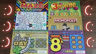 SWEET WIN!!! LOTTO SCRATCHER 1ST TIME PLAYS! Lucky Day, Super 8, Monopoly, 3 Ways To Win, Money Maze