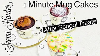 1 Minute Microwave Mug Cake Recipes | 3 After School Treats | Vanilla Chocolate Red Velvet Mug Cakes