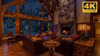 4K Cozy Cabin Winter Ambiance with Piano Jazz Music and 🔥 Crackling Fireplace Sounds