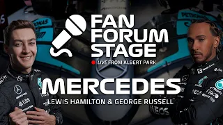 Mercedes' Lewis Hamilton & George Russell, from the F1® Australian Grand Prix Fan Forum Stage