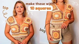 Crochet Tutorial: Crochet top and bag using 10 squares! 😍