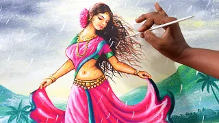 Painting of a Beautiful girl dancing in the rain | painting 525