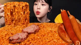 Spicy Carbo Buldak Noodles with Giant Sausage & Kielbasa Mukbang ASMR