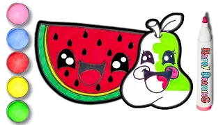 Drawing, painting, coloring nice lwatermelon and pear for kids. How to draw Kawaii cute drawings.