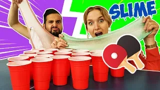 PING PONG SLIME CHALLENGE - Kaan & Nina verzweifeln an TISCHTENNIS SCHLEIM - Wer trifft den Becher?