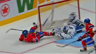 Rem Pitlick Goes HARD Into Petr Mrazek Early In The Contest Between The Habs And Leafs