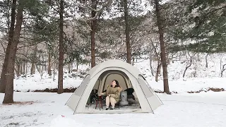 설원캠핑 | ❄️눈 위에서 하룻밤, 폭설이 내린 후 아름다운 설원에서 캠핑하기☃️ | 나홀로 혼술 | 여자 솔캠 | 폴라리스 D1 텐트 TPU창 제작 | 동계캠핑 | 캠핑브이로그