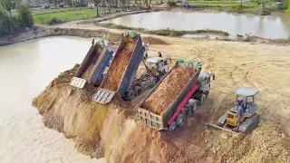 Great Team work Full video2h Fill up land processing dump truck & Dozer KOMATSU move soil into water