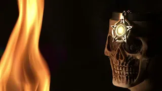 Pentagram symbol on skull head and fire flames