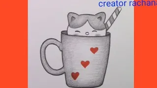 Pencil drawing easy ideas, cute cat and mug drawing ll simple cat drawing 😍😘