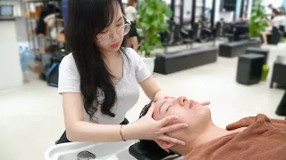 Do not talk Vietnam cute young girl barbershop massage relax, wash hair for 30 minutes