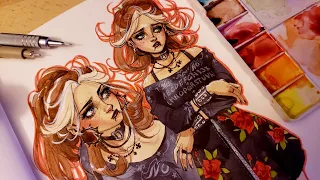 ✦ Chill Sketchbook Session | Character design painting with watercolor and fineliners | full process